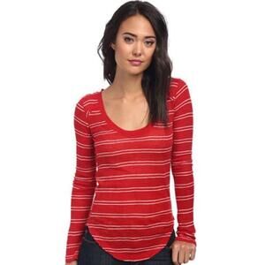Free People Medium Scoop Neck Tee Red Stripe Linen Blend Frayed Hem Long Sleeves